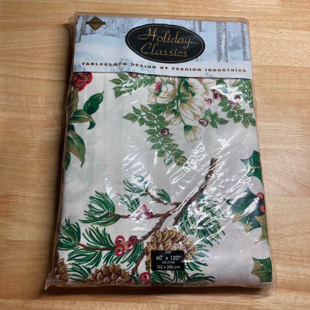 Vintage Fashion Industries Oval 60" x120" Christmas Tablecloth Winter Botanical